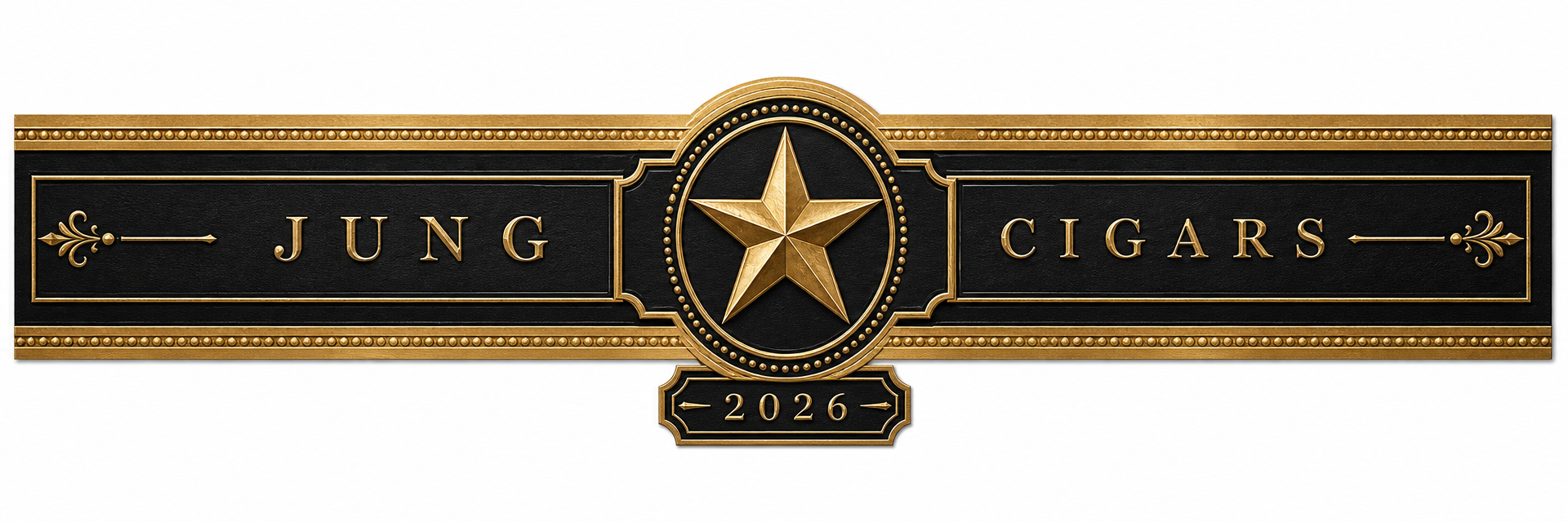Banderole von Jung Cigars, flach ausgerollt, mit Stern und Jahreszahl 2026
